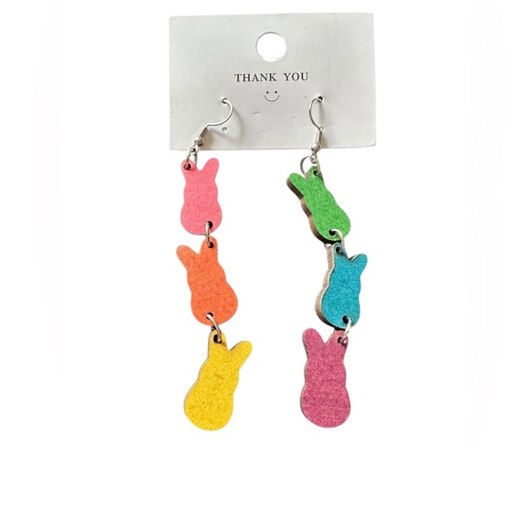 Multicolored Mini Wooden Peep Rabbits Drop Style Earrings - Picture 1 of 4